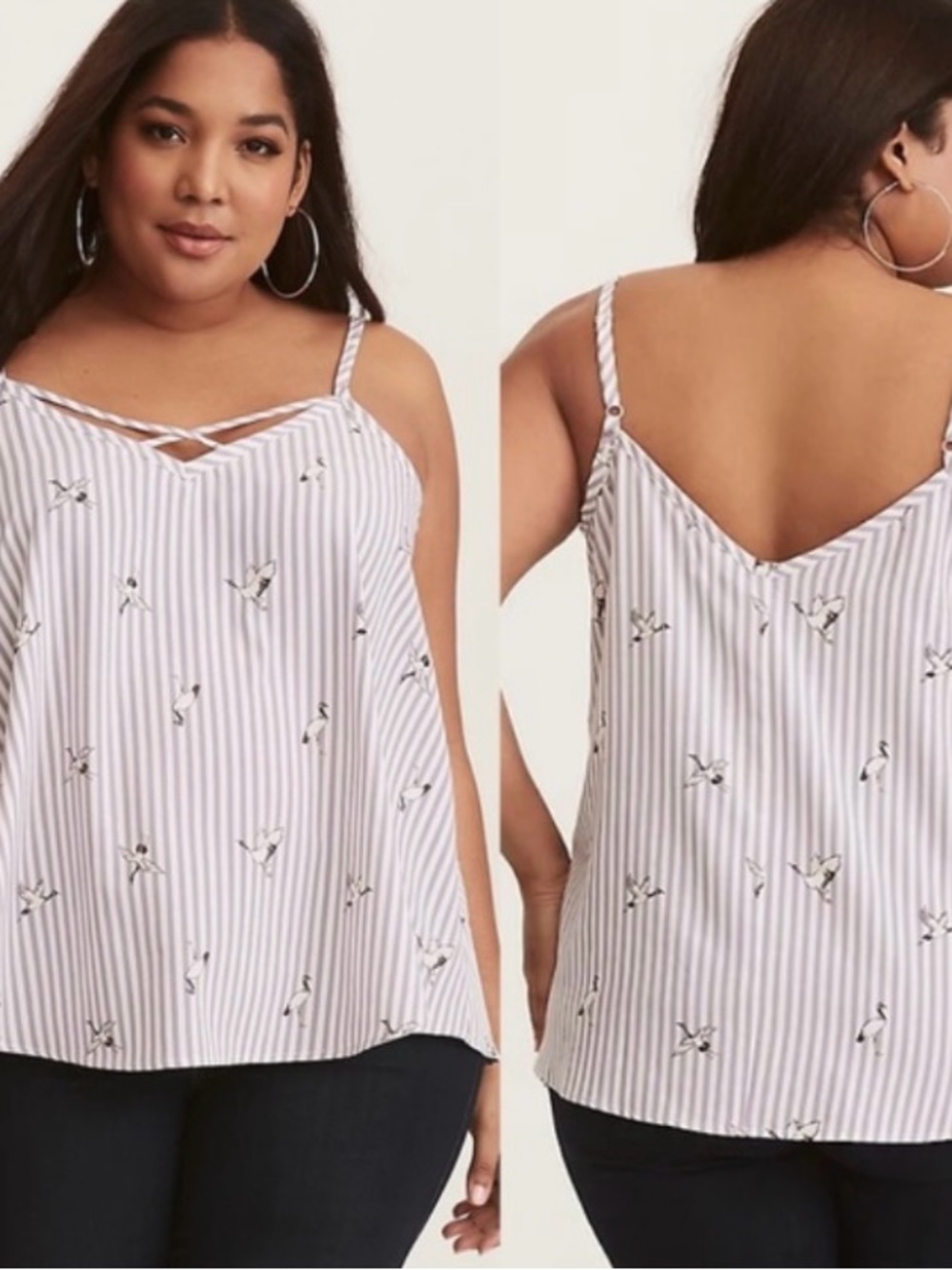 Torrid gray and white striped crane print cami top